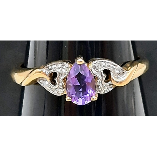 808 - A 9K Yellow Gold Pear-Cut Amethyst and Diamond Dress Ring. Boxed. Amethyst - 0.45ct approx. Diamonds... 