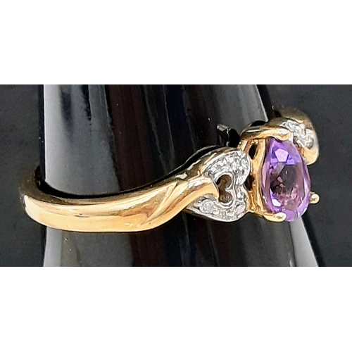 808 - A 9K Yellow Gold Pear-Cut Amethyst and Diamond Dress Ring. Boxed. Amethyst - 0.45ct approx. Diamonds... 