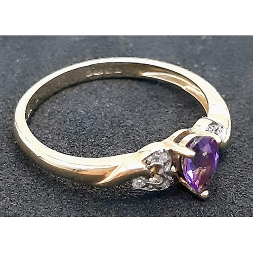 808 - A 9K Yellow Gold Pear-Cut Amethyst and Diamond Dress Ring. Boxed. Amethyst - 0.45ct approx. Diamonds... 