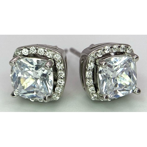 813 - A Pair of Silver Princess-Cut CZ Stud Earrings - With CZ jackets. Ref: 6970