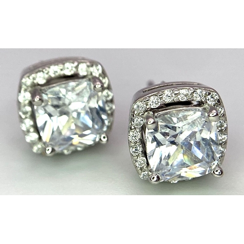 813 - A Pair of Silver Princess-Cut CZ Stud Earrings - With CZ jackets. Ref: 6970