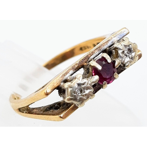 470 - A Vintage 9K Yellow Gold Diamond and Pink Topaz Ring. Size I/J. 2.32g total weight.