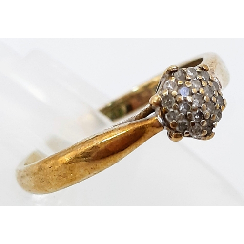 479 - A Vintage 9K Yellow Gold Diamond Cluster Ring - 0.10ctw. Size L/M. 1.55g total weight.