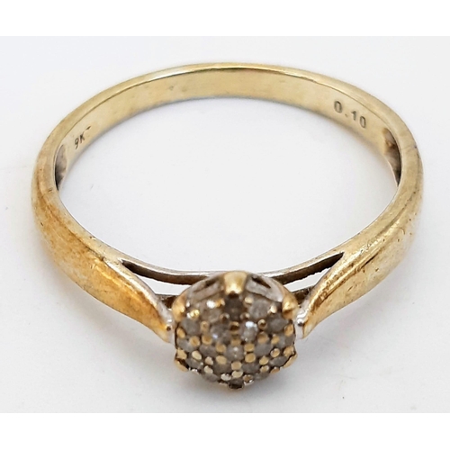 479 - A Vintage 9K Yellow Gold Diamond Cluster Ring - 0.10ctw. Size L/M. 1.55g total weight.