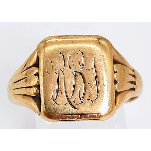 62 - A Vintage Monogram 9K Yellow Gold Signet Ring. Size S. 4.8g weight.