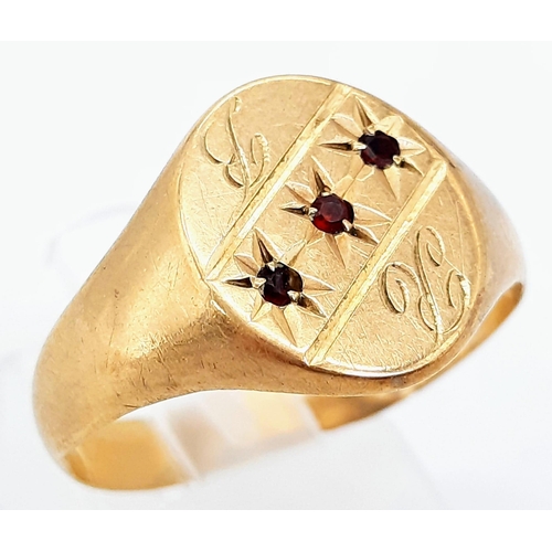 80 - A Vintage 9K Yellow Gold Monogram and Three Stone Garnet Signet Ring. Size S. 2.7g total weight.