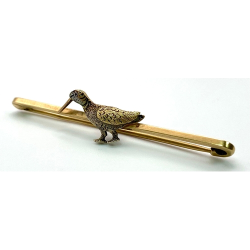 398 - A Vintage 9K Gold Bar Brooch with Bird Decoration. 5cm length. 2.6g total weight.