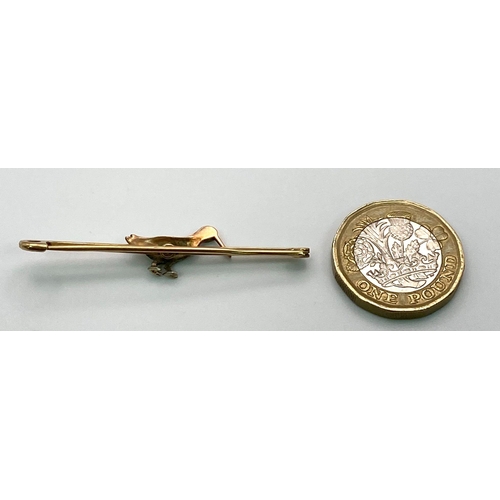 398 - A Vintage 9K Gold Bar Brooch with Bird Decoration. 5cm length. 2.6g total weight.