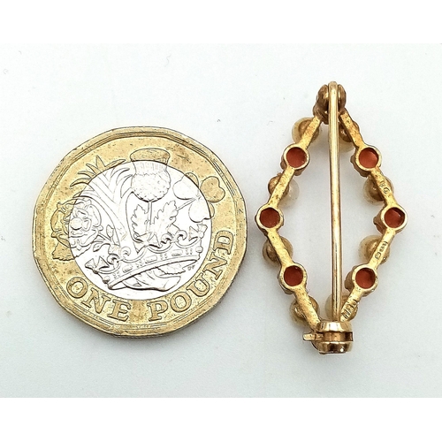 412 - A Vintage Possibly Antique Seed Pearl and Red Coral Diamond Shaped Brooch. 3cm. 2.5g total weight.