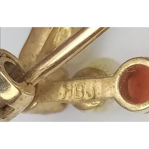 412 - A Vintage Possibly Antique Seed Pearl and Red Coral Diamond Shaped Brooch. 3cm. 2.5g total weight.