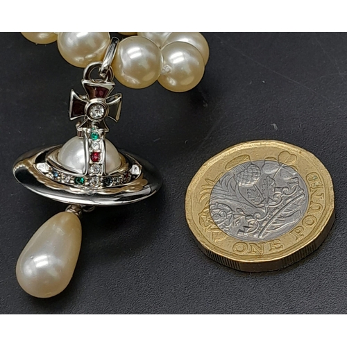 855 - A Vivienne Westwood Cultured Pearl Necklace with Drop Pendant. 38cm length. Comes with original VW p... 