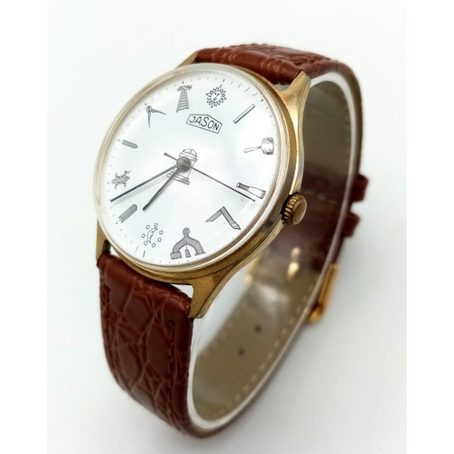 435 - A Vintage Jason Masonic Gents Watch. Brown leather strap. Two tone stainless steel case - 34mm. Whit... 