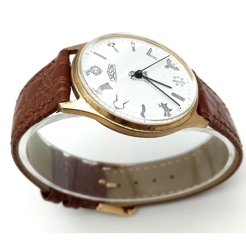 435 - A Vintage Jason Masonic Gents Watch. Brown leather strap. Two tone stainless steel case - 34mm. Whit... 