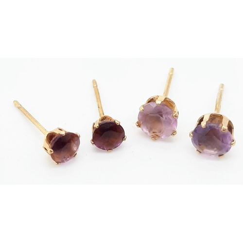 792 - Two Pairs of 9K Yellow Gold and Amethyst Stud Earrings. No backs. 0.72g total weight.