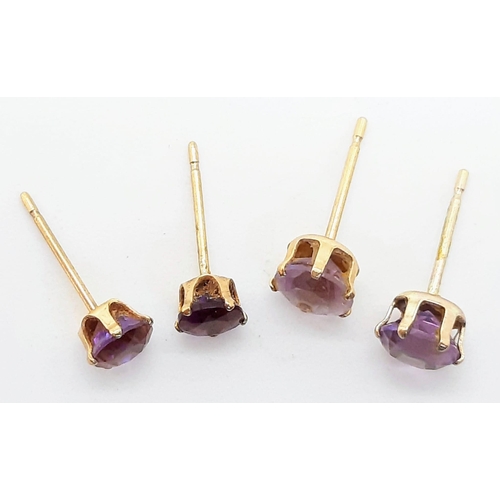 792 - Two Pairs of 9K Yellow Gold and Amethyst Stud Earrings. No backs. 0.72g total weight.