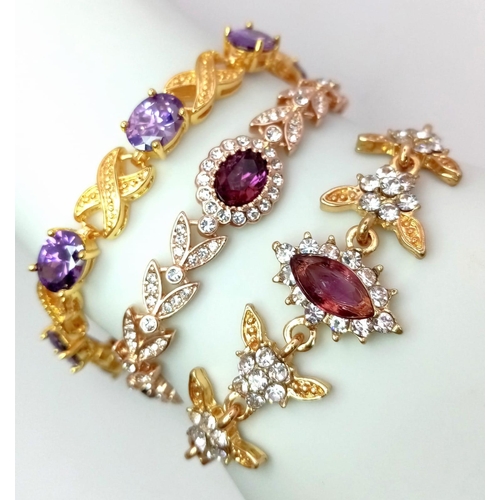 202 - A quality trio of dress, gold plated, amethyst bracelets and cubic zirconia. All three in excellent ... 