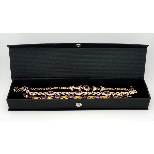 202 - A quality trio of dress, gold plated, amethyst bracelets and cubic zirconia. All three in excellent ... 