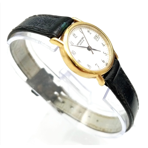 394 - A Vintage Raymond Weil 18K Gold Plated Ladies Watch. Blue leather strap (worn). Gold plated case - 2... 