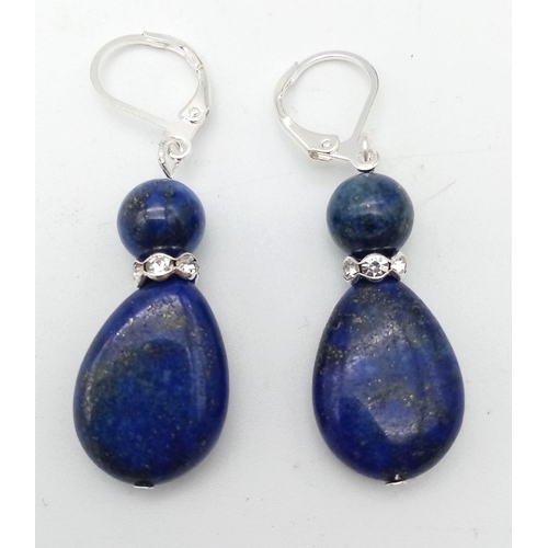 878 - A Pair of Lapis Lazuli Drop Earrings with White Stone Decoration. 3cm drop.