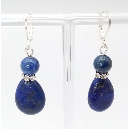 878 - A Pair of Lapis Lazuli Drop Earrings with White Stone Decoration. 3cm drop.