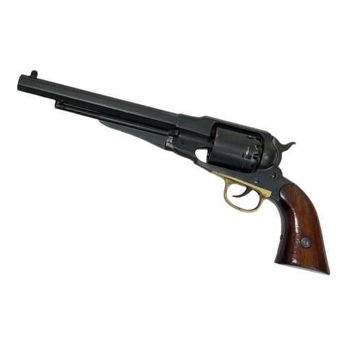 212 - A .44 CALIBRE UBERTI BLACK POWDER REVOLVER WITH BRASS PLATE AND VARNISHED WOODEN GRIPS.
COMES WITH A... 