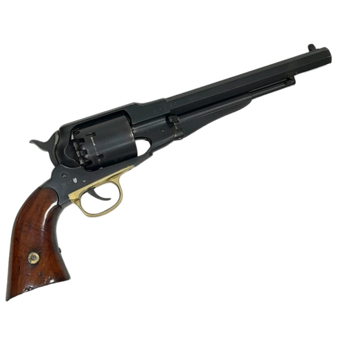 212 - A .44 CALIBRE UBERTI BLACK POWDER REVOLVER WITH BRASS PLATE AND VARNISHED WOODEN GRIPS.
COMES WITH A... 