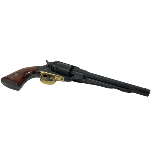 212 - A .44 CALIBRE UBERTI BLACK POWDER REVOLVER WITH BRASS PLATE AND VARNISHED WOODEN GRIPS.
COMES WITH A... 