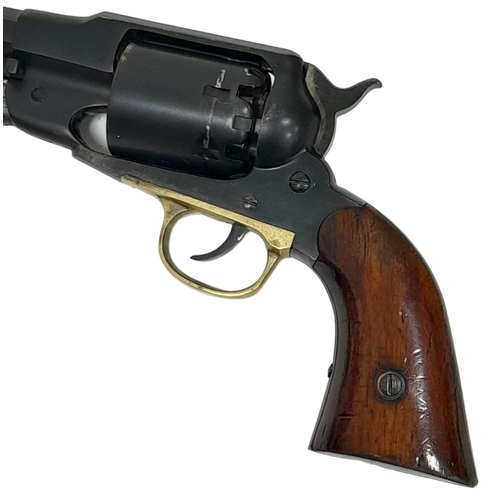 212 - A .44 CALIBRE UBERTI BLACK POWDER REVOLVER WITH BRASS PLATE AND VARNISHED WOODEN GRIPS.
COMES WITH A... 