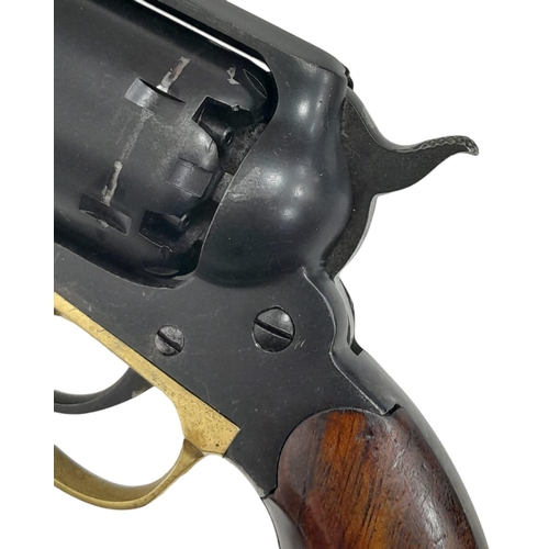 212 - A .44 CALIBRE UBERTI BLACK POWDER REVOLVER WITH BRASS PLATE AND VARNISHED WOODEN GRIPS.
COMES WITH A... 