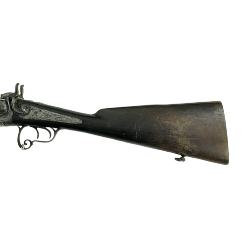 233 - A 16 BORE PIN FIRE ANTIQUE SIDE BY SIDE DOUBLE BARRELED SHOTGUN WITH PATTERNED METALWORK  a/f