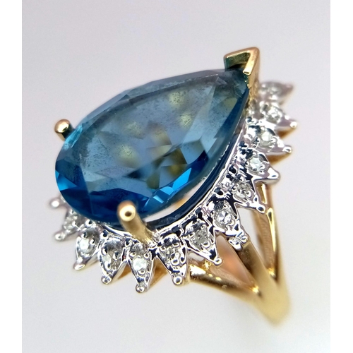 298 - 9kt Yellow Gold Large Pear-Cut, London-Blue, Topaz and Diamond Cluster Ring.
Size: N
Weight: 5.4g
67... 