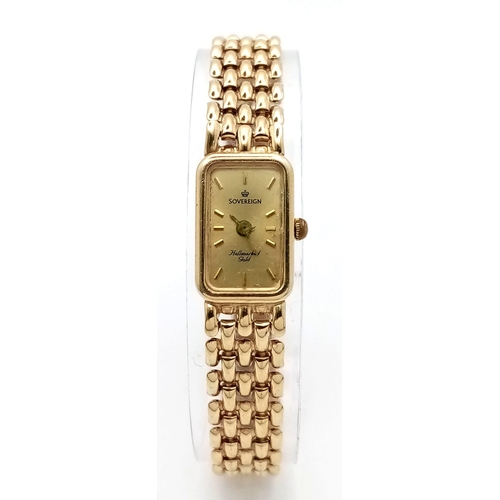 305 - 9kt Yellow Gold Ladies Sovereign Quartz Watch on Bracelet. 
Full working order.
Face: 11.6mm W x 18.... 