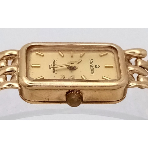 305 - 9kt Yellow Gold Ladies Sovereign Quartz Watch on Bracelet. 
Full working order.
Face: 11.6mm W x 18.... 