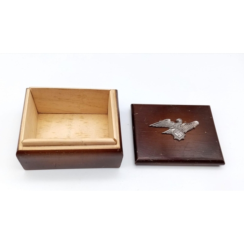 417 - WW2 German “R.L.B” (Air Raid Warden’s) Wooden Cigarette Box with an R.L.B Cap Badge fixed to the lid... 