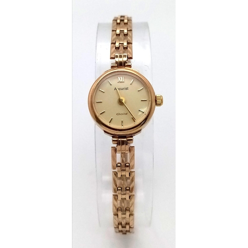 786 - 9kt Yellow Gold Accurist Quartz Watch on Bracelet.
Not currently in working order, a/f.
Face: 14.5mm... 