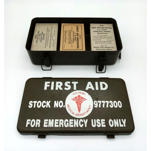 805 - WW2 American Vehicle First Aid Box with War dated contents.