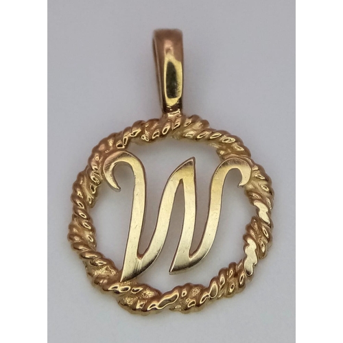 856 - 9kt Yellow Gold 'W' initial Charm/Pendant.
1cm in length.
Weight: 0.7g
67901