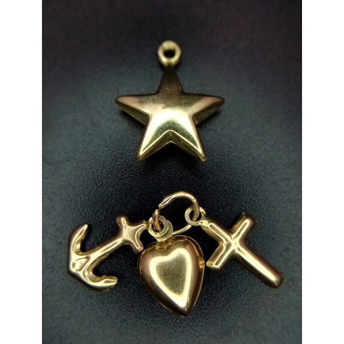 862 - Parcel of two, 9kt Yellow Gold Charm/Pendants.
 - Faith, Hope & Charity (1cm)
 - Star (1cm)
Weight: ... 