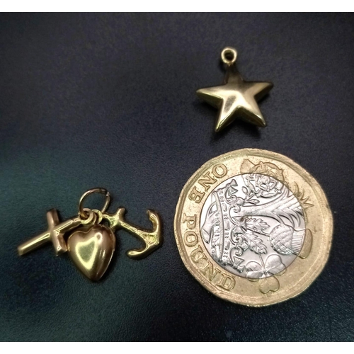 862 - Parcel of two, 9kt Yellow Gold Charm/Pendants.
 - Faith, Hope & Charity (1cm)
 - Star (1cm)
Weight: ... 