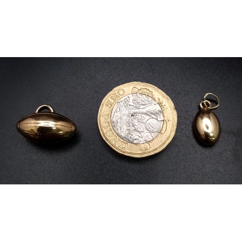 870 - Parcel of two, 9kt Gold Charms/Pendants.
 - Rugby Ball (1cm)
 - Coffee Bean (1cm)
Total Weight: 1.5g... 