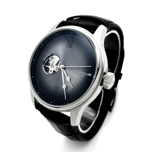 906 - A Thomas Earnshaw '1805' Automatic Gents Watch. Black leather strap. Stainless steel case with skele... 