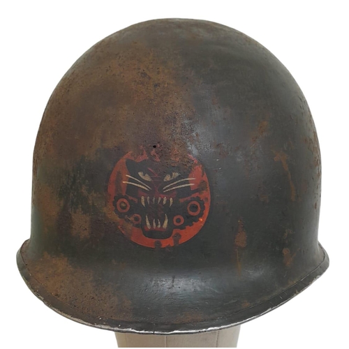 97 - WW2 US Front Seam Swivel Bale M1 Helmet. Badged to a Tank Destroyer Unit. Found in a junk shop near ... 