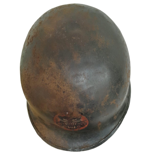 97 - WW2 US Front Seam Swivel Bale M1 Helmet. Badged to a Tank Destroyer Unit. Found in a junk shop near ... 