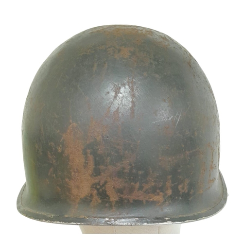 97 - WW2 US Front Seam Swivel Bale M1 Helmet. Badged to a Tank Destroyer Unit. Found in a junk shop near ... 