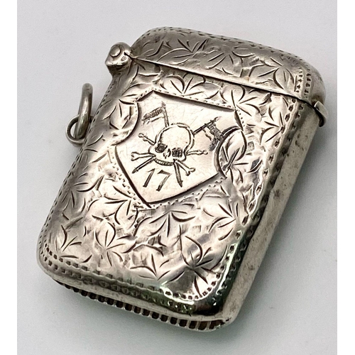 201 - 1907 Hallmarked Birmingham Silver Vesta Case with the badge of the 17th Lancers etched onto the fron... 