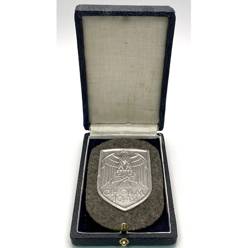 47 - WW2 German Heer (Army) Cholm Campaign Shield in presentation case. Silvered Steel (Magnetic).