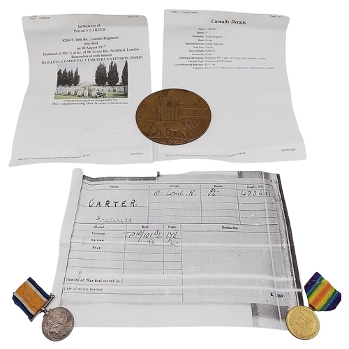 274 - WW1 Medal Duo and Death Penny to 423691 Pte. F. Carter of the 10th Bn London Regiment, who was kille... 