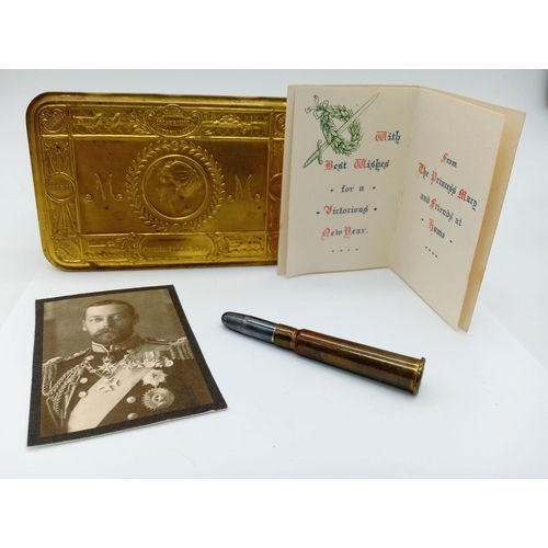 278 - WW1 British 1914 Princess Mary Christmas Tin with original pencil, Christmas Card & Picture of the K... 