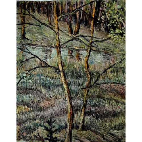 491 - AN OIL ON BOARD PAINTING BY CHARLES GARABED ATAMIAN (1872-1947) OF A MOTTLED FOREST LANDSCAPE  38 X ... 