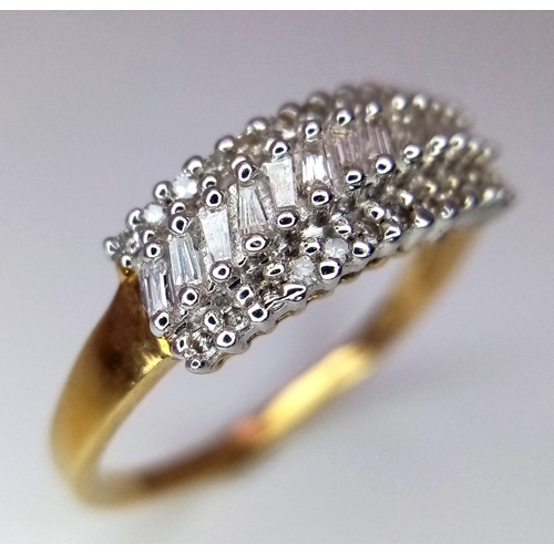 495 - A 9K Yellow Gold Triple Row Diamond Cluster Ring. Size Q. 0.40ctw diamonds, 2.3g total weight.